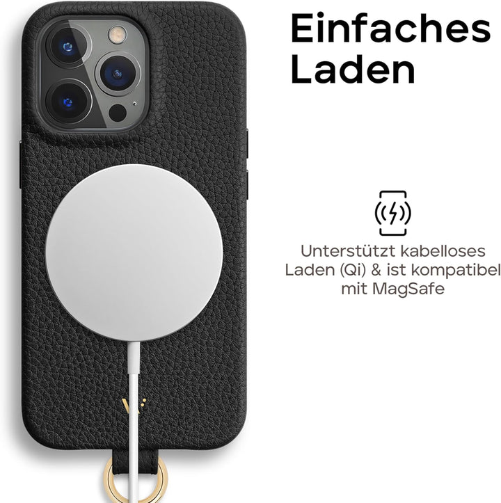 WIIUKA Hülle für iPhone 15 Pro Max, Leder aus Deutschland, Lederhülle Handykette, Premium Handyhülle