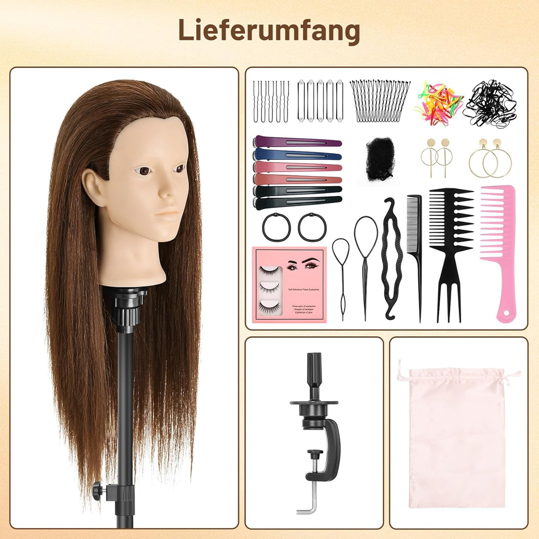 TwoWin Frisierkopf Echthaar mit Ohrlöchern, 60 cm (24 Zoll) Friseurkopf Übungskopf 80% echthaar, Tra