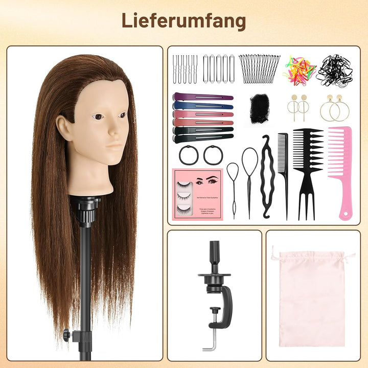 TwoWin Frisierkopf Echthaar mit Ohrlöchern, 60 cm (24 Zoll) Friseurkopf Übungskopf 80% echthaar, Tra