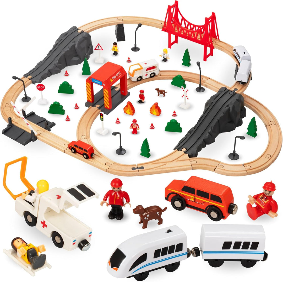 Mamabrum Holzeisenbahn Brücke Zug Feuerwehr, Eisenbahn Set für Kinder 3+, 19 Elemente, Lokomotive, B