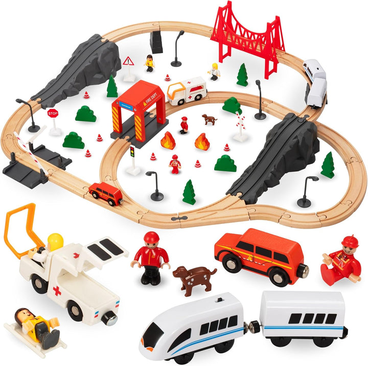 Mamabrum Holzeisenbahn Brücke Zug Feuerwehr, Eisenbahn Set für Kinder 3+, 19 Elemente, Lokomotive, B