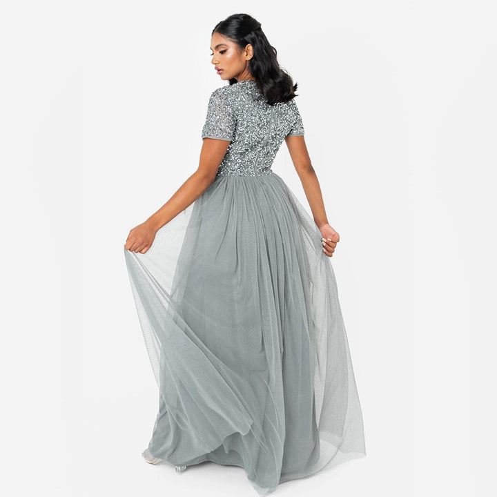Maya Deluxe Damen Maya Deluxe V Neckline Embellished Maxi Bridesmaid Dress, Misty Green, 42 EU
