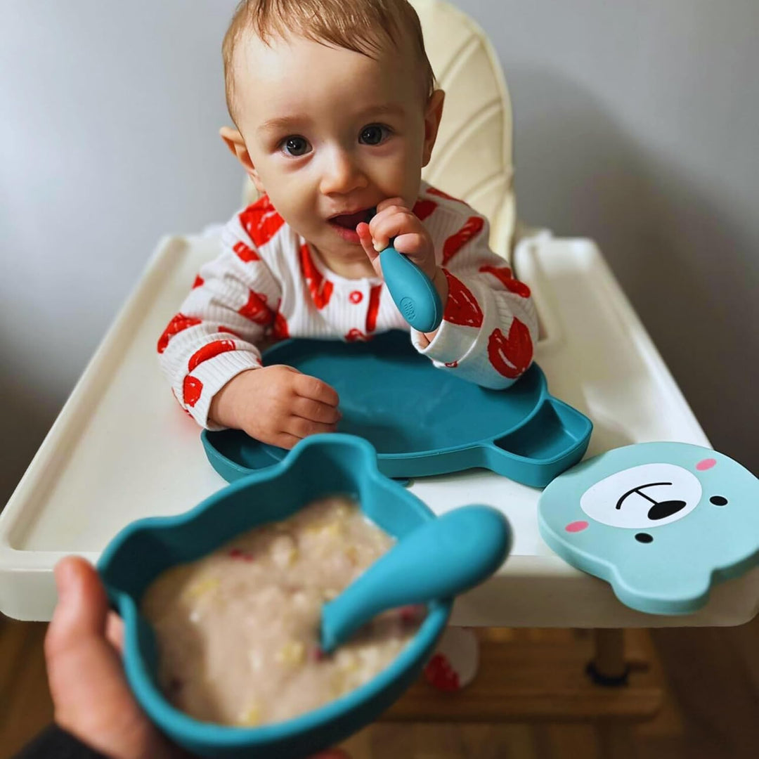 TUM TUM Baby Geschirrset - Babyteller mit Saugnapf, Breischale und Esslernbesteck, 6m+ Boris Bär, Bl