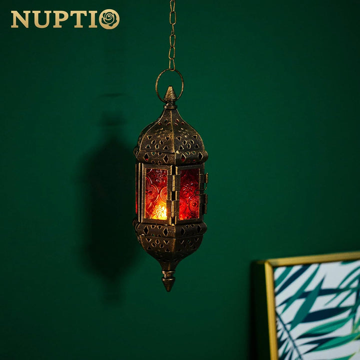 Nuptio Marokkanische Kerze Laterne Hängend Teelicht Kerzenhalter Metall & Glas Ramadan Lampe Braun D