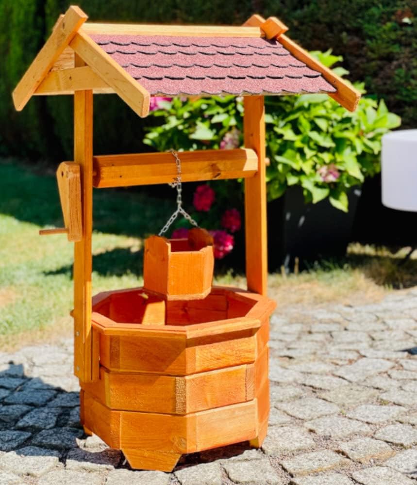 Grosser Handgefertigter Garten-Deko-Achteck-Brunnen aus Holz Braun/Grün Höhe 84 cm für den Garten/Ou