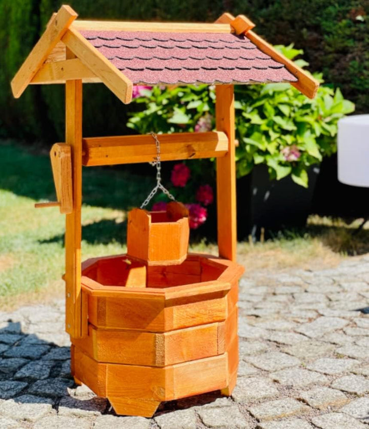 Grosser Handgefertigter Garten-Deko-Achteck-Brunnen aus Holz Braun/Grün Höhe 84 cm für den Garten/Ou