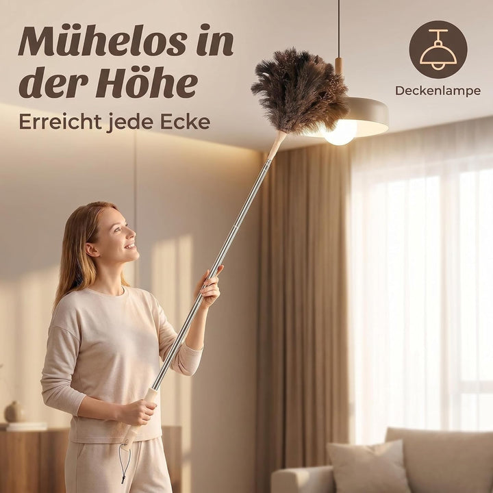 DULCE DOM Straussenfeder Staubwedel mit Teleskopstiel 125cm, Waschbar für Decken Lampen Möbel, Kratz