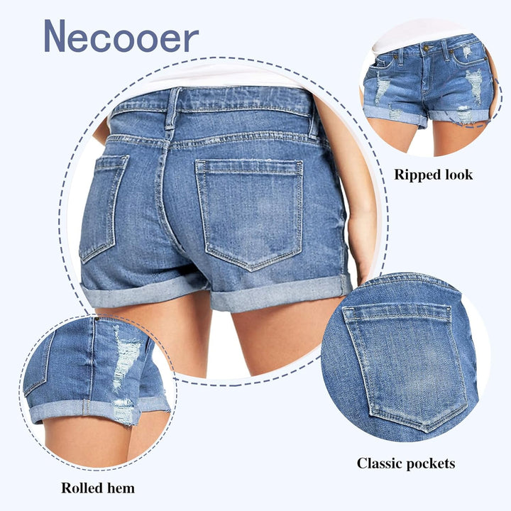 Necooer Damen Casual Ripped Denim Shorts Mittlere Taille Kurze Jeanshose mit Taschen S Hellblau, S H