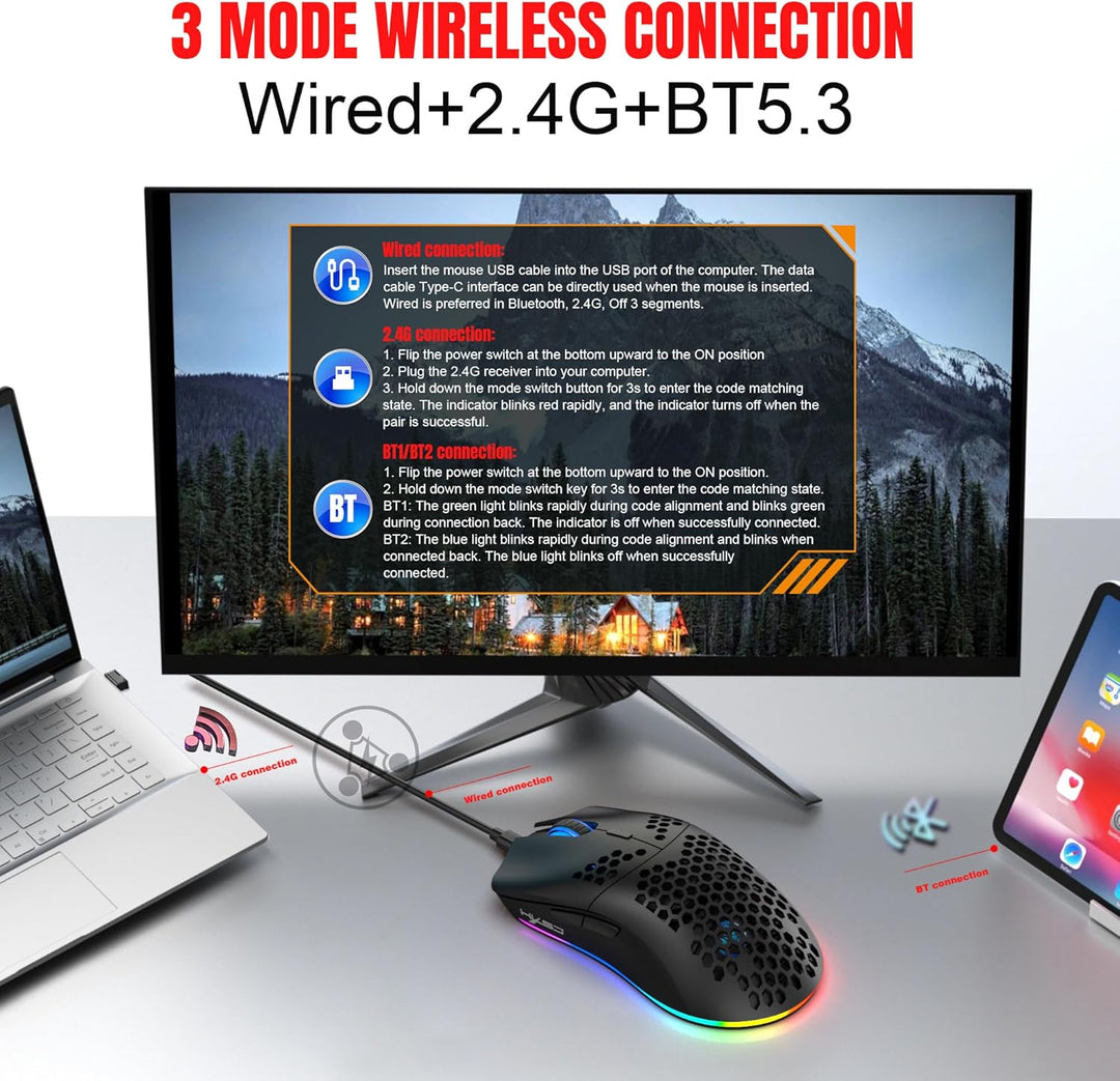 T66 PC Gaming Mouse, BT/2.4G Wireless/Wired, Lightweight Honeycomb Shell, Macro Program, Cool RGB Li