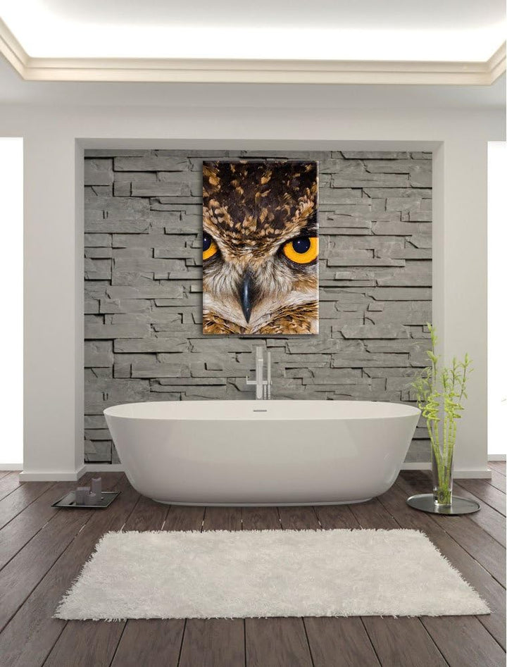 Eule mit gelben Augen, Format: 100x70 auf Leinwand, XXL riesige Bilder fertig gerahmt mit Keilrahmen