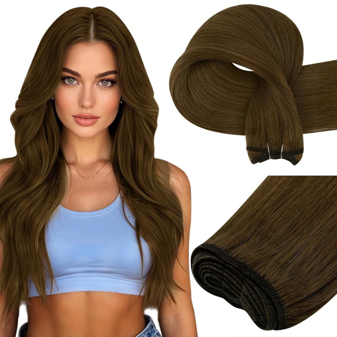 Easyouth Remy Tressen Echthaar Braun Sew in Extensions Echthaar Remy Glatt Tressen Extension Mittel