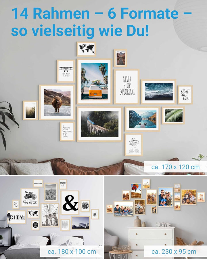 PHOTOLINI Bilderrahmen Set verschiedene Grössen, 14 Bilderrahmen Holz MDF Natur, Bilder Rahmen mit A