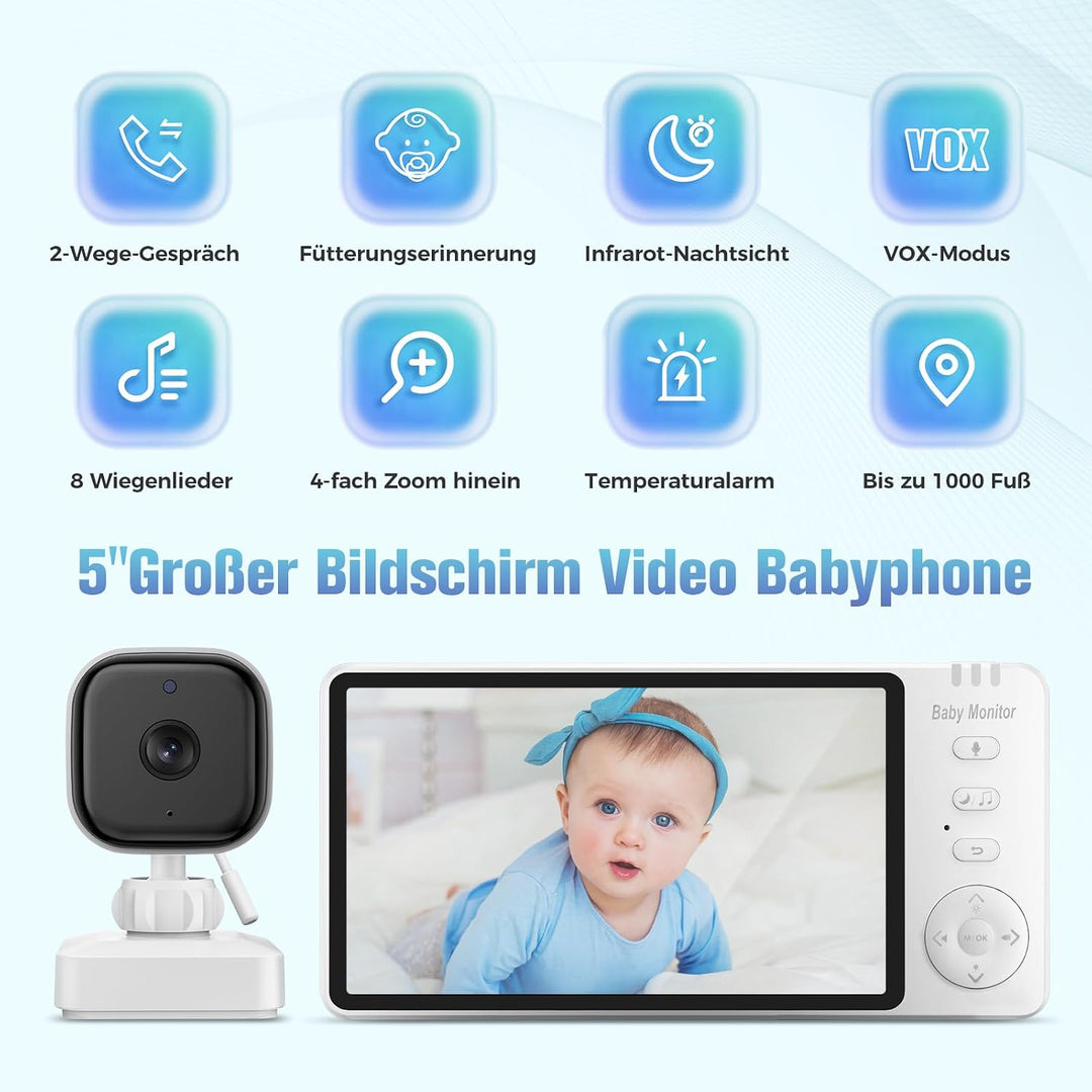 Baby Kamera Auto: 5" HD Kabelloser Baby Monitor mit Infrarot-Nachtsicht und Temperaturanzeige Batter