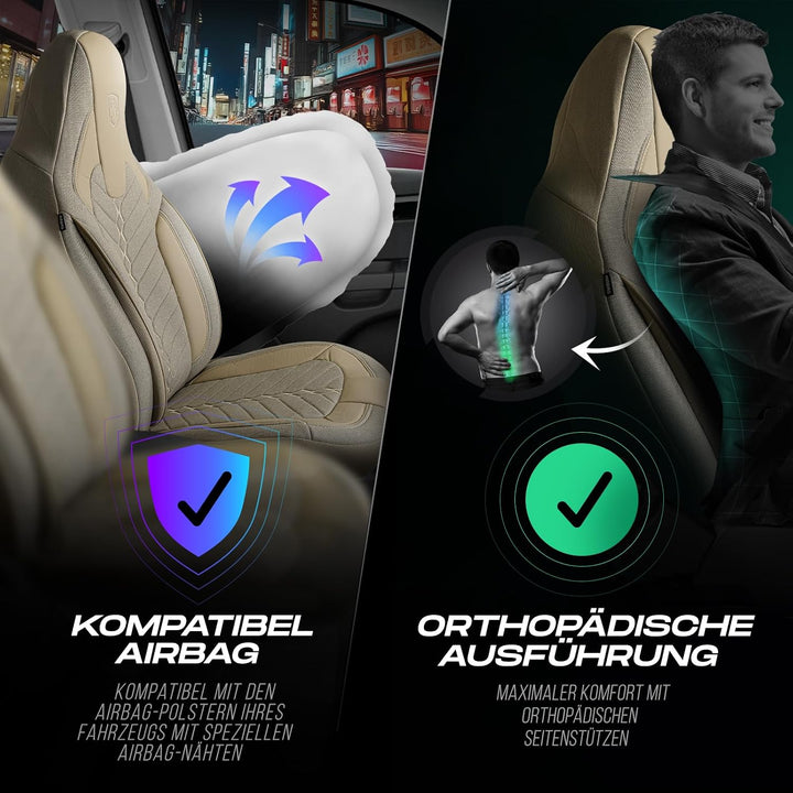 Autositzbezüge Universal für PKW & SUV – Premium Vordersitze Auto Sitzbezug aus Leinen, Beige, Airba