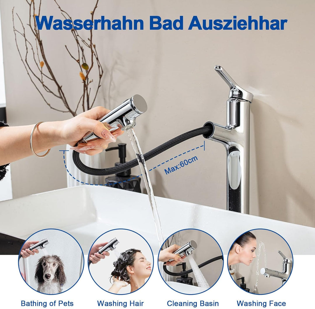 Waschtischarmatur Hoch mit herausziehbarer Brause Wasserhahn Bad,Einhebelmischer Badarmatur Waschtis