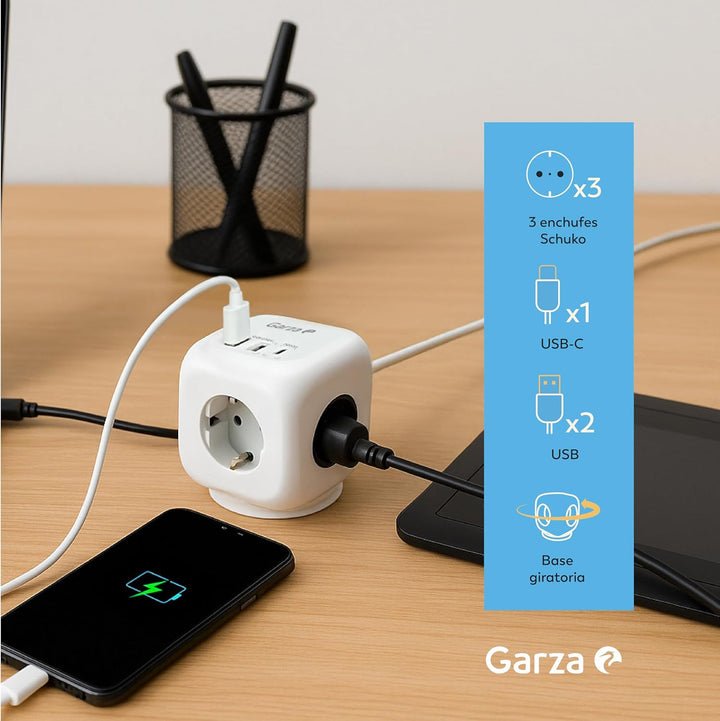 6-in-1-Steckdosenleiste CUBO mit 3 Schuko-Steckdosen, 2 USB-A- und 1 USB-C-PD20W-Anschluss, Schnelll