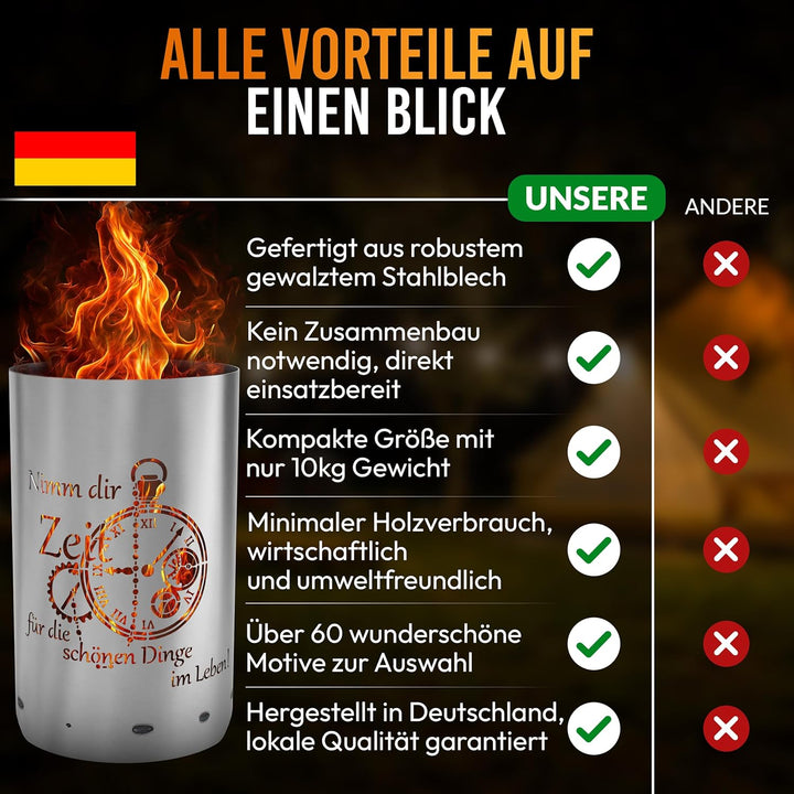 Feuertonne Feuerkorb mit Zeit Motiv - Nimm dir Zeit für die schönen Dinge im Leben - Gartenfeuer Lag