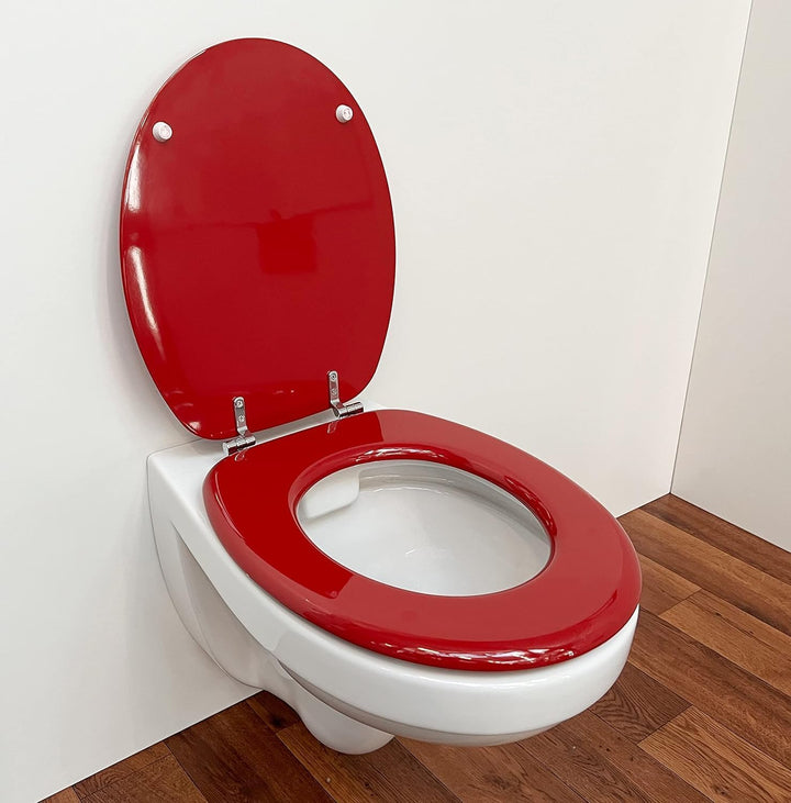 ADOB WC Sitz Klobrille Holzkern Farbe Rot extrem stabil, messing verchromte Scharniere, WC-Brille WC