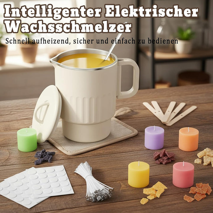 OKYUK Kerzen Selber Machen Set mit Wachsschmelzer, 1000ml Wachsschmelztopf mit Ausgiesser, 6 Kerzenf
