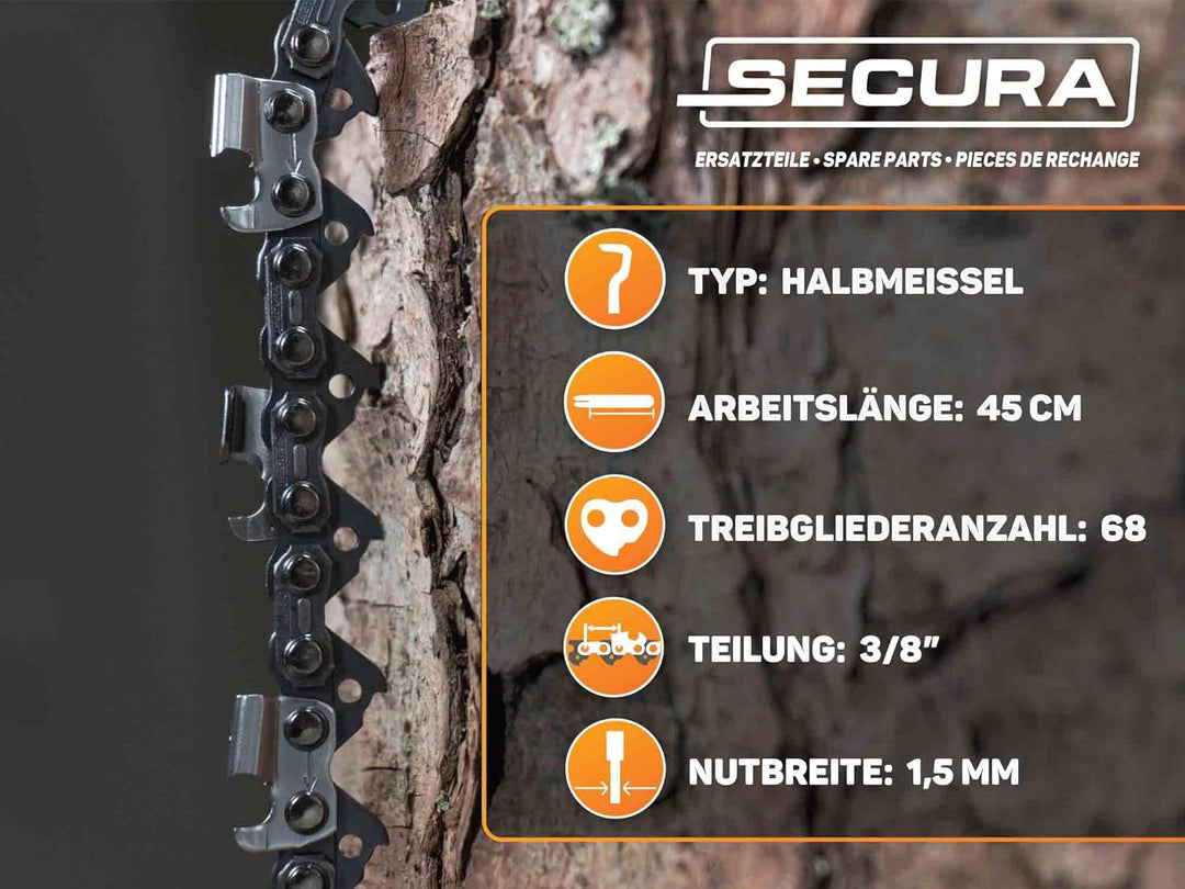 SECURA 4x Sägekette 45 cm 3/8 68 1,5mm für Ihre Motorsäge Kettensäge