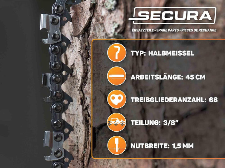 SECURA 4x Sägekette 45 cm 3/8 68 1,5mm für Ihre Motorsäge Kettensäge
