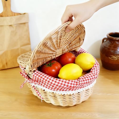 Picknickkorb aus Weidengeflecht Im Landhausstil,Roter Kariert Weidenkorb,26X18X15 cm,Ovaler Picknick