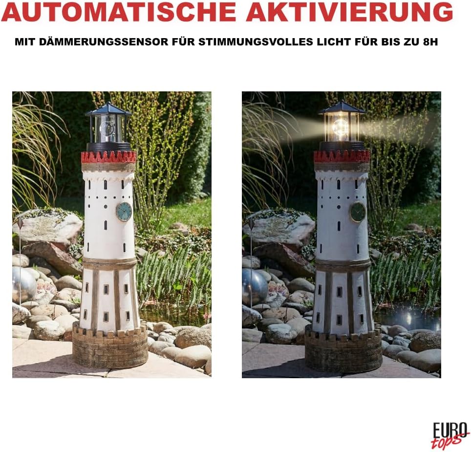 Solar Leuchtturm „Lindau“ – handbemalte Deko für Garten & Terrasse, rotierendes LED-Leuchtfeuer, Sol