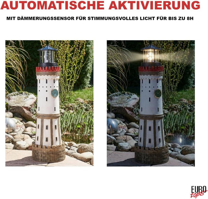 Solar Leuchtturm „Lindau“ – handbemalte Deko für Garten & Terrasse, rotierendes LED-Leuchtfeuer, Sol