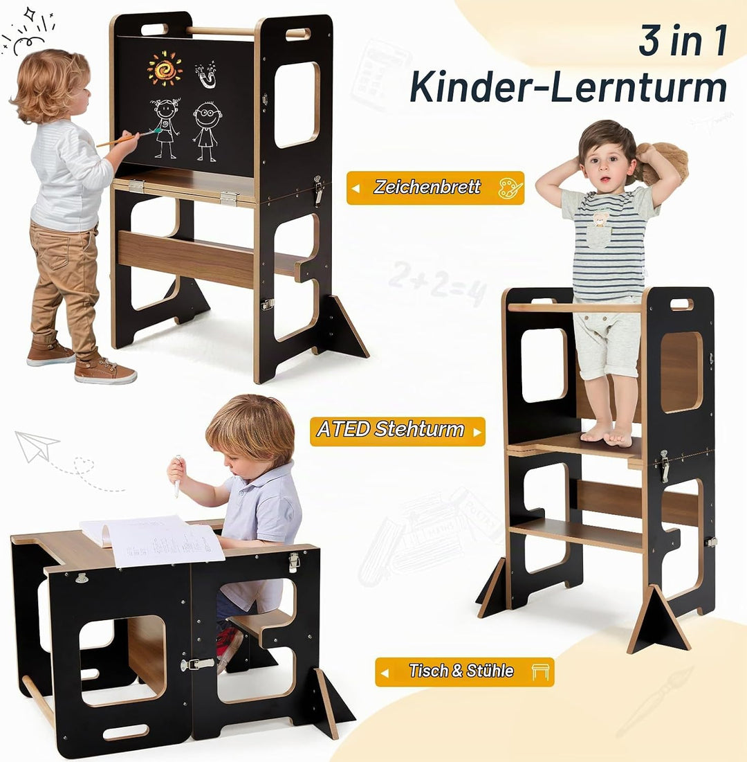labebe Lernturm für Kinder, Montessori Learning Tower mit Tafel, 3 in 1 Klappbar Multifunktion Lernt