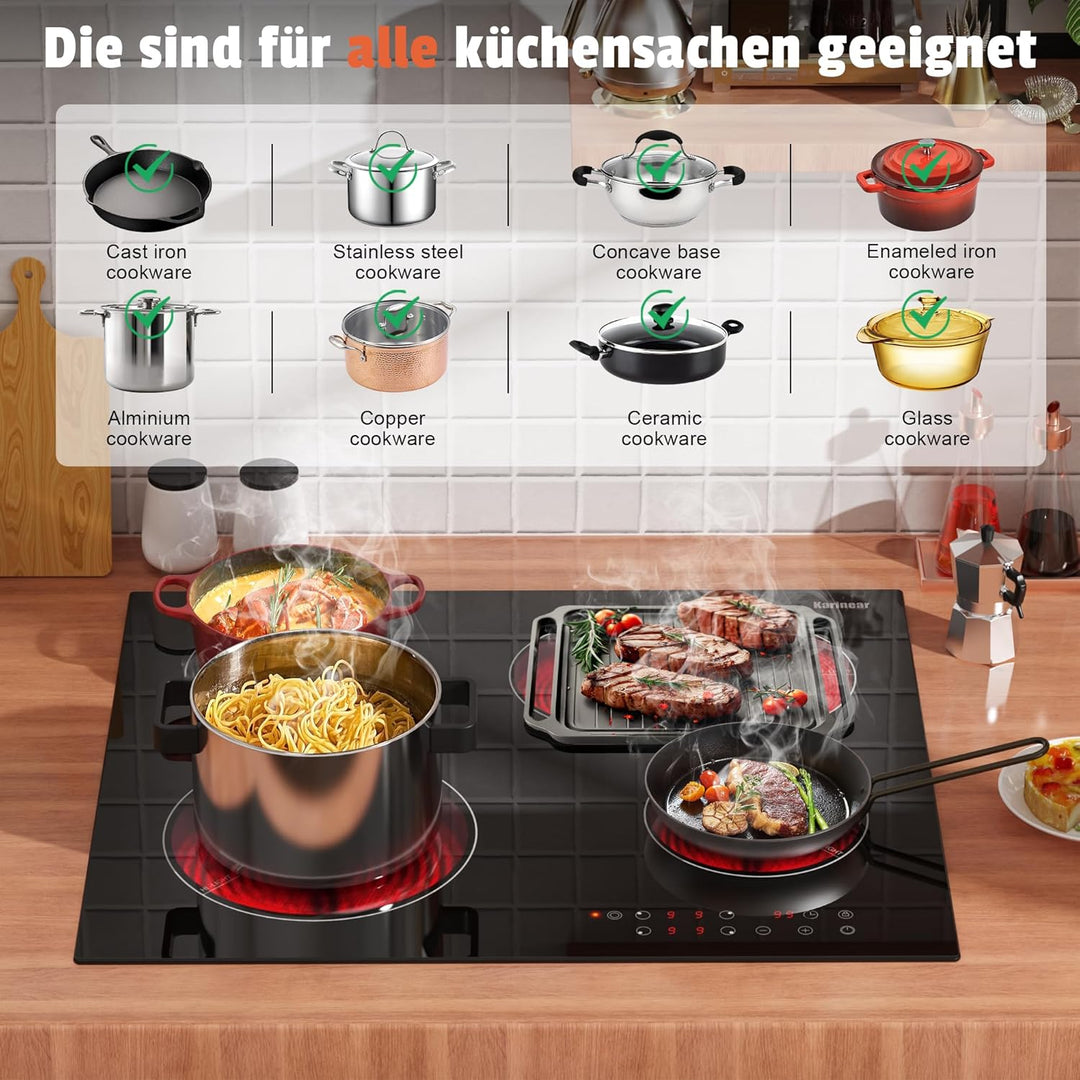 Karinear Glaskeramikkochfeld 4 Platten, Kochfeld Keramik Autark mit Doppelter Ausziehbarer Zone, Tou