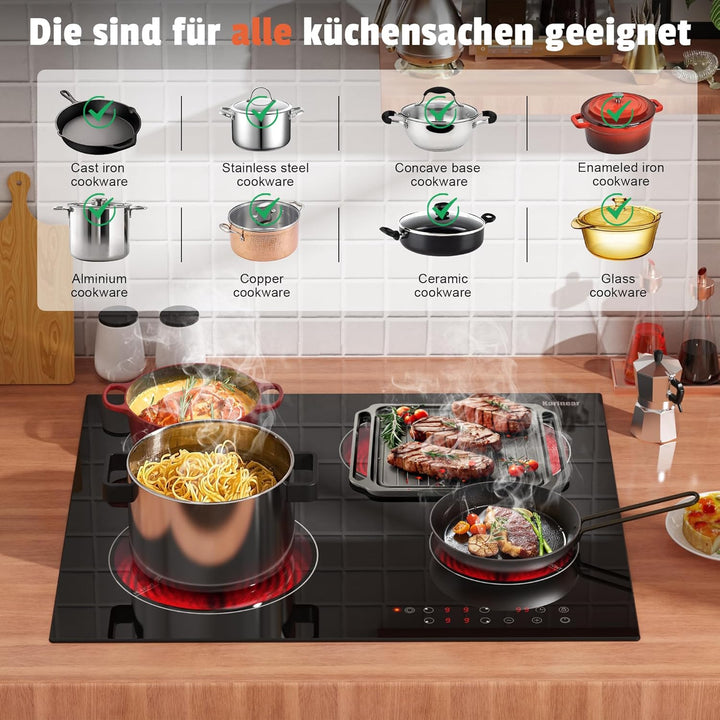 Karinear Glaskeramikkochfeld 4 Platten, Kochfeld Keramik Autark mit Doppelter Ausziehbarer Zone, Tou