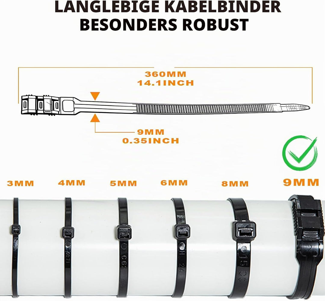 9mm x 360mm Doppelsperre Kabelbinder Lang Set Schwarz 100 Stück Nylon UV Beständig Grosser Kabelbind