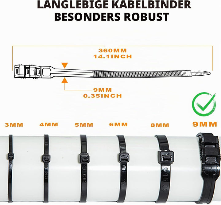 9mm x 360mm Doppelsperre Kabelbinder Lang Set Schwarz 100 Stück Nylon UV Beständig Grosser Kabelbind