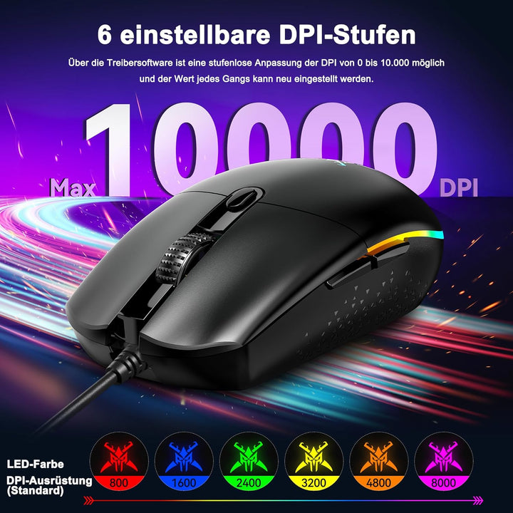 TECKNET RGB Gaming Maus mit Kabel, 10000 DPI Kabelgebundene Mäuse mit 6 Programmierbare Tasten und A