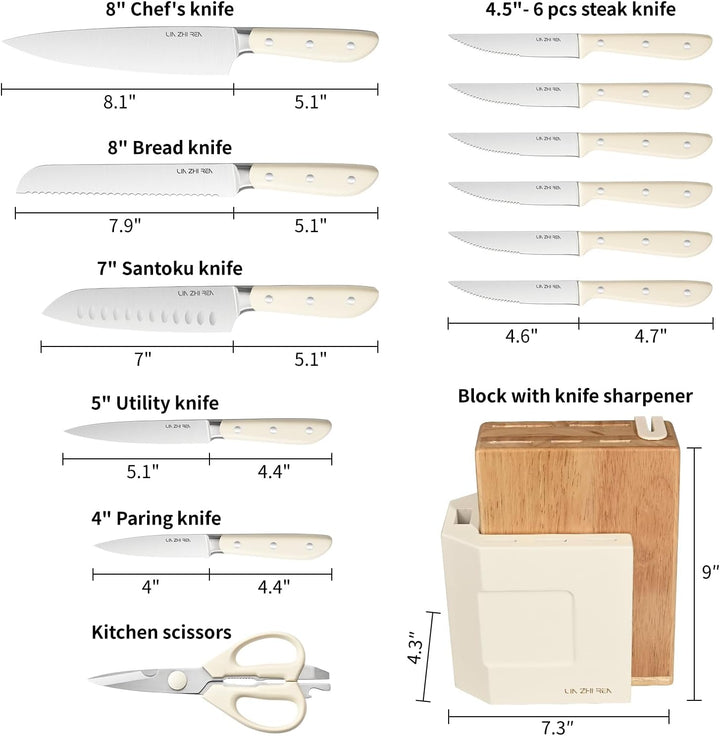 Messerblock Set, 14-teilig, Küchenmesser zum Schneiden, Hacken, Würfeln & Schälen, Weiss 14 Stück We