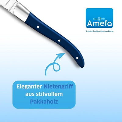 Amefa Lou Laguiole Steakmesser-Set 6-teilig | Griffe Blau | Mikro-Wellenschliff mit langanhaltender