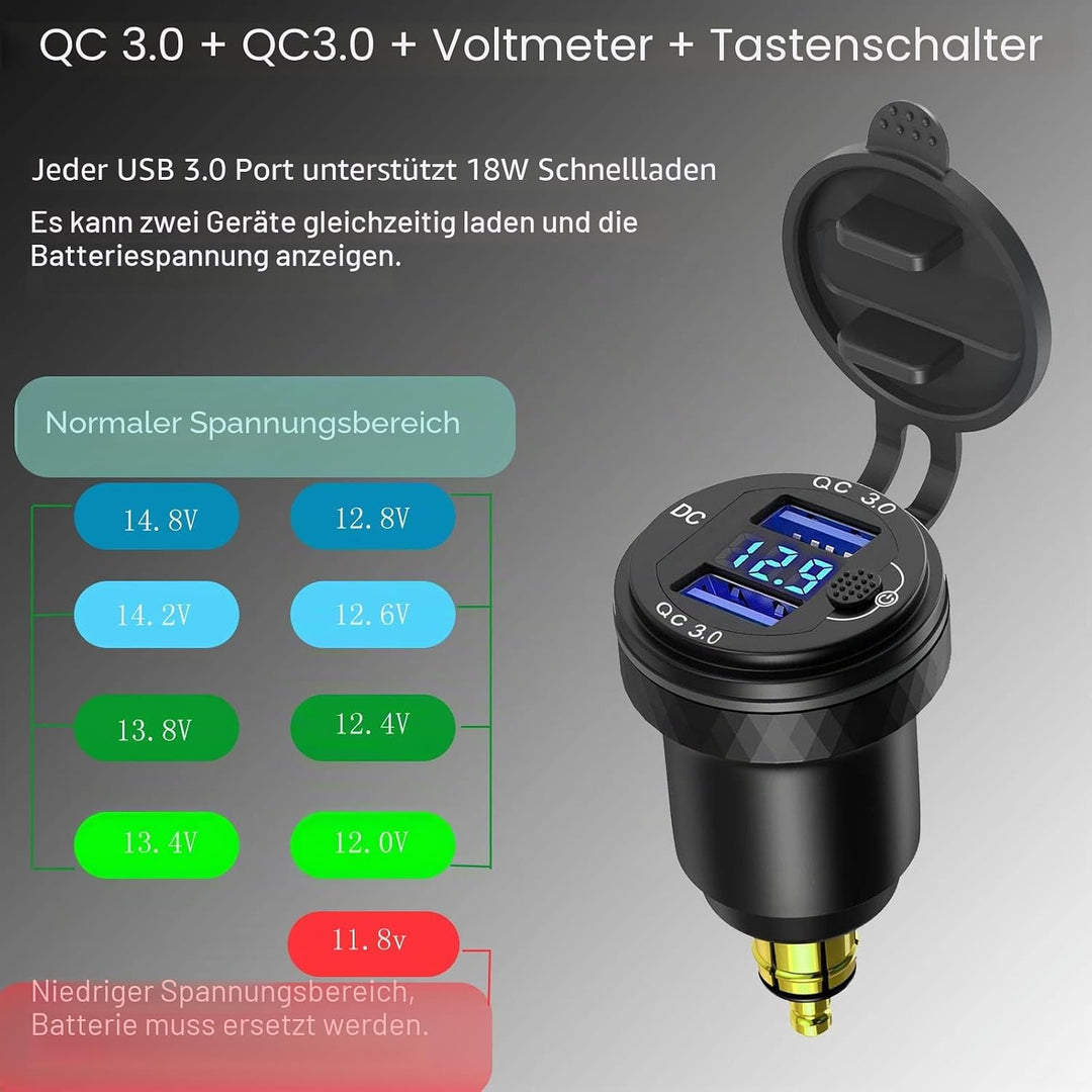 DIN Powerlet Stecker auf Dual Quick Charge 3.0 USB Ladeadapter mit Voltmeter und Schalter für Motorr