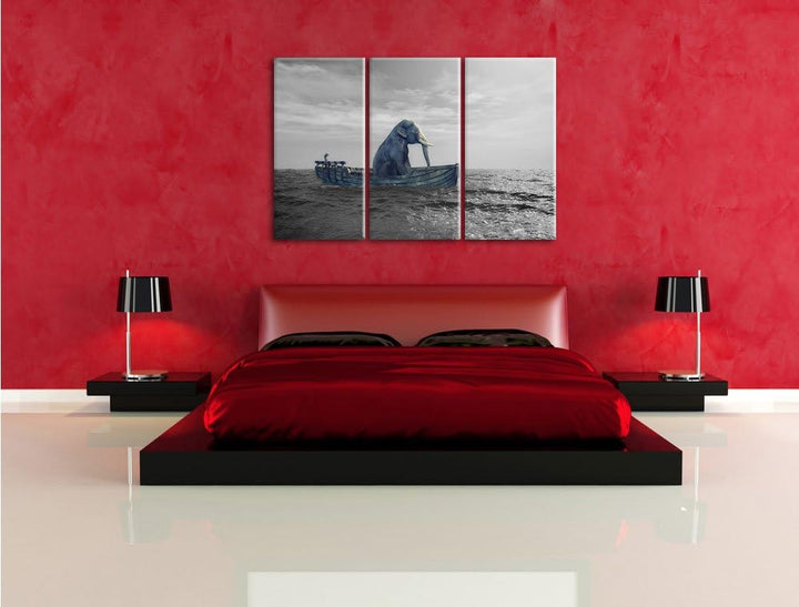 Pixxprint lustig sitzender Elefant im Boot als Leinwandbild/Grösse: 3 Teilig (120x80) cm/Wandbild/Ku