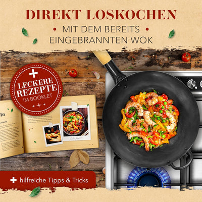 KRUSTENZAUBER 30cm Wokpfanne Induktion voreingebrannt - Traditionelle Stahlwokpfanne mit Wokwender u