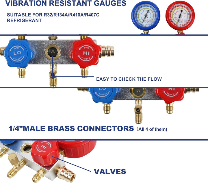 BACOENG Klimaanlage Split Monteurhilfe Kfz R134A R410A R407C R22 mit Schlauchset Schnellkupplung Man