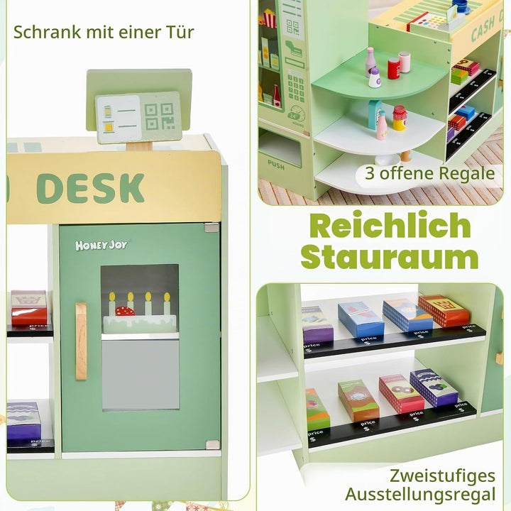 HOMASIS Kinder Kaufladen, Kaufmannsladen Holz mit 15 Zubehör, Verkaufsstand mit Seitentheke, Superma