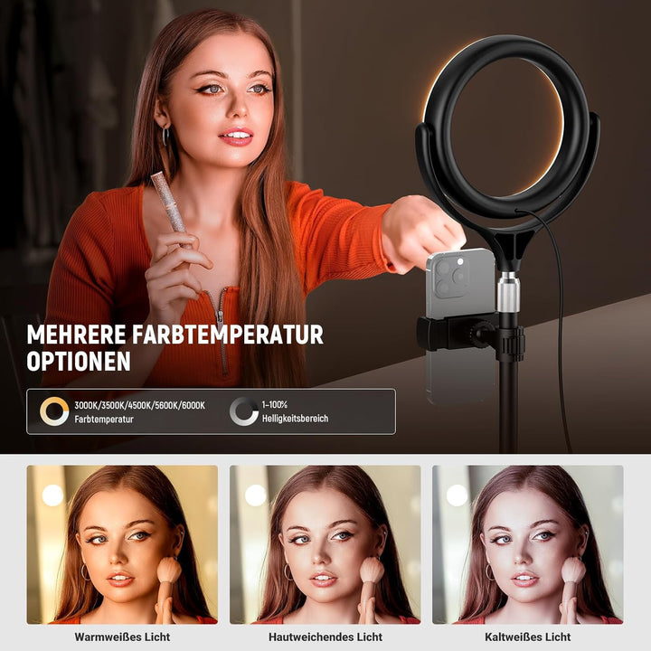 NEEWER Basics 7" Tisch Ringlicht mit Ständer/Handyhalterung kompatibel mit iPhone, 10W CRI95+ zweifa