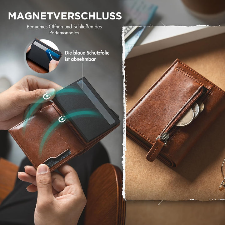 VULKIT Herren Geldbörse Schlanke mit RFID-Schutz und Münzfach | Leder Geldbeutel Kartenetui Klein Po