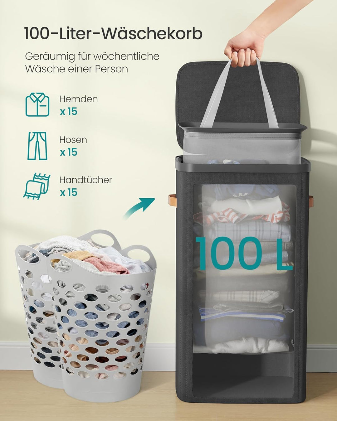 SONGMICS Wäschekorb, 100 L Wäschesammler, Wäschetonne, leichter Aufbau, mit Deckel und Griffen, hera