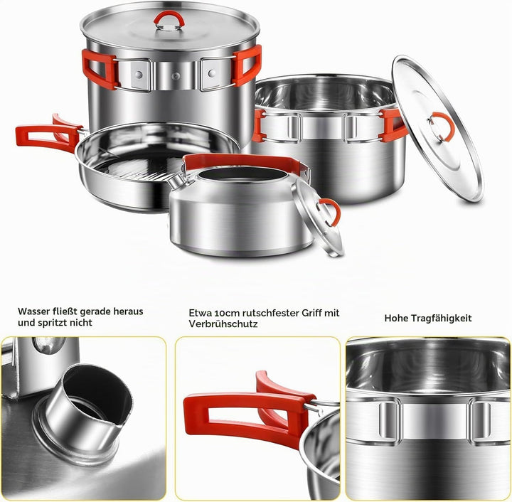 Camping Kochgeschirr Set,Camping Koch Set,304 Edelstahl Campingtöpfe und Pfannen Set,Campinggeräte f