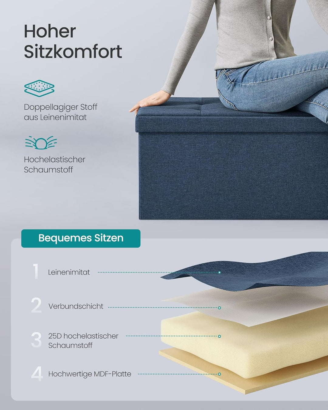 SONGMICS Sitzhocker mit Stauraum, klappbare Sitzbank, 38 x 110 x 38 cm Fussbank, Aufbewahrungsbox, b