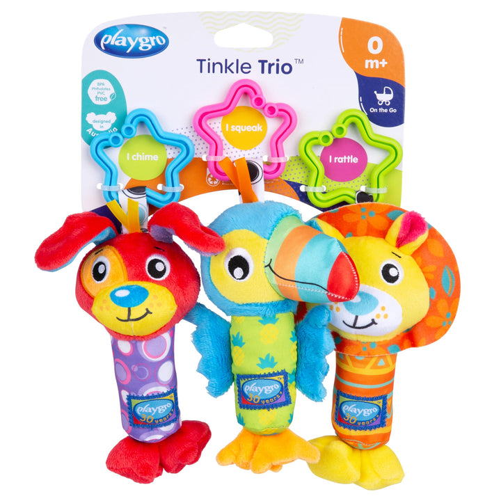 Playgro Spieltier-Trio für unterwegs, Mit Quietsche, Rassel und Glöckchen, Ab 0 Monaten, Mehrfarbig,
