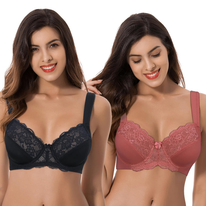 Curve Muse Übergrösse Ungefüttert Bügel Spitzen-BH mit gepolsterten Schultergurten-2er Pack 75B Rose