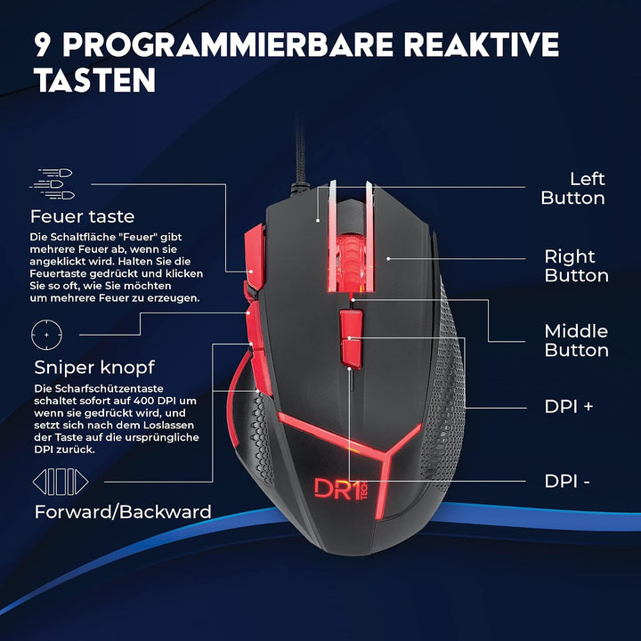 DR1TECH Hunter+ Professional Gaming Maus Mit Kabel [5 Auswechselbare Gewichte + Triple FIRE] - 9 Tas