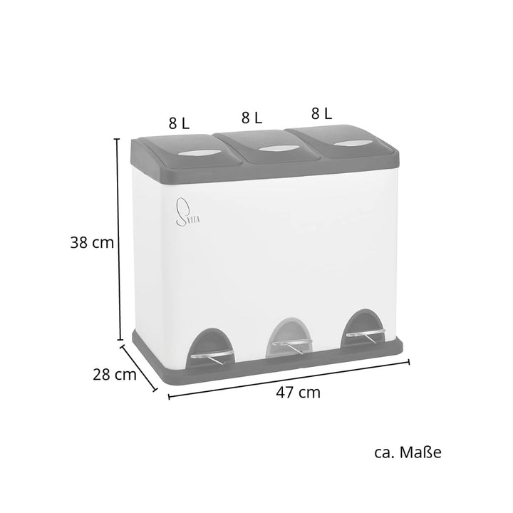 SVITA TC3X8 Mülleimer 3 Fächer, 24 Liter Treteimer mit Tretmechanismus, Pulverbeschichteter Stahl, P